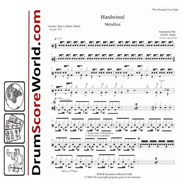 Metallica - Hardwired – Drum Sheet + Play-Along Track